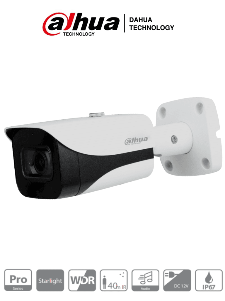 DAHUA HAC-HFW2241E-A- Cámara Bullet Starlight 1080p/ 2 Megapixeles/ 0.004 Lux a Color/ WDR Real 120dB/ Lente 3.6 mm/ IR de 40 Mts/ Microfono Integrado y 1 Entrada de Audio/ IP67/ 3DNR/