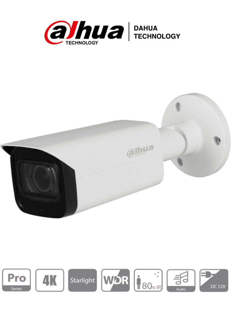 DAHUA HFW2802T-Z-A - Camara Bullet 4k Starlight/ 8 Megapixeles/ Lente Motorizado 3.7 a 11mm/ 0.005 Lux color/ WDR Real 120dB/ Ir 80 Mts/ Microfono Integrado + 1 Canal de Audio/ IP67/