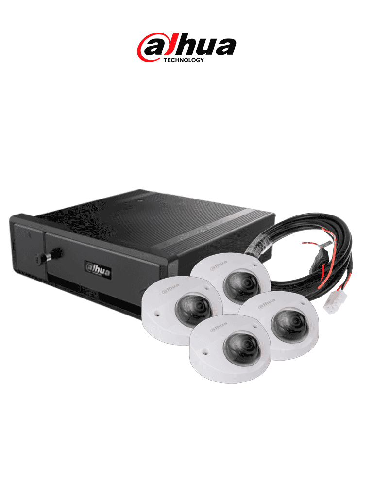 DAHUA FLOTA INTELIGENTE - Paquete de solución móvil IP que incluye: 1 grabador móvil IP de 8 canales, 4 cámaras IP domo de 2 MP (1080p) y el cable extensor de alimentación, Compatible con el software Mobile Center