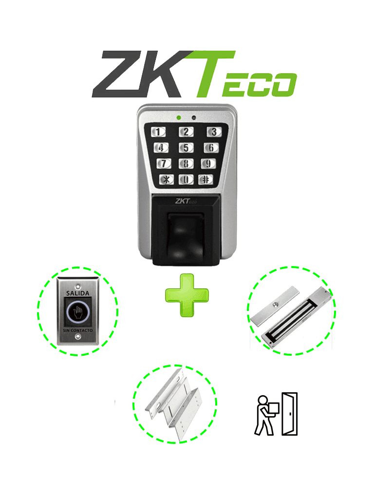 ZKTECO MA500PAK - Control de Acceso Profesional de Huella / Tarjeta y Password para Exterior con IP65 / Incluye Contrachapa Magnética LM2805 de 200Kg / Soporte de Fijación ZL / Botón de Salida No Touch