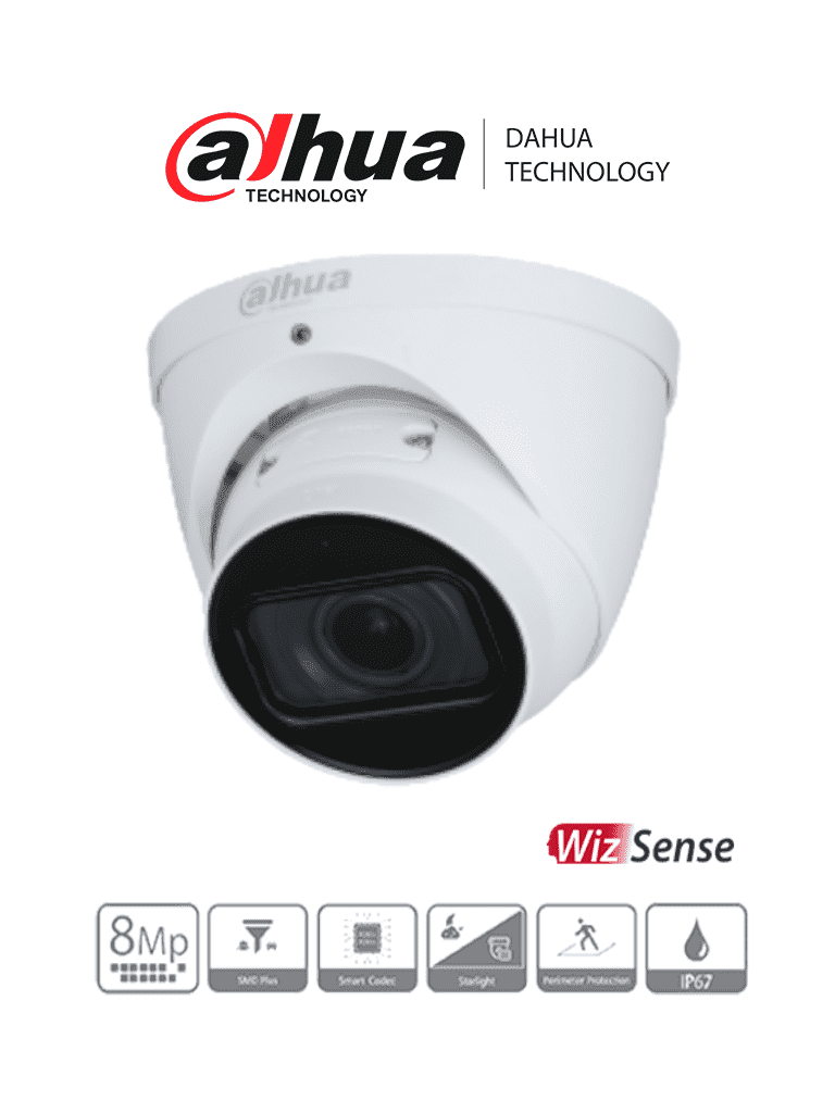 DAHUA IPC-HDW3841TN-ZAS - Cámara IP Domo 4K Resolución de 8 MP/ Lente Mot. 2.7 a 13.5mm/ ∢ 113°-31°/ IR 50 mts/ IA WizSense/ Detección de Movimiento Inteligente/ Protección Perimetral/ Starlight/ PoE/ WDR/ H.265+/ IP67/ Micrófono/