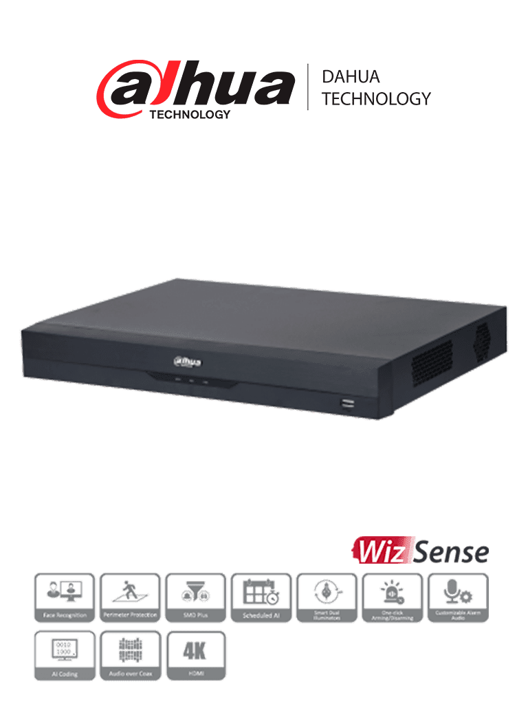 DAHUA XVR5216A-4KL-I3 - DVR de 16 Canales 4k/ WizSense/ H.265+/ 16 Canales + 16 IP/ Hasta 32 Ch IP/ 2 Ch de Reconocimiento Facial/ SDM Plus/ Protección Perimetral/ 2 SATA de hasta 10TB/ 16&3 E&S de Alarmas/ 4 Canales de Audio/ IoT/ POS/