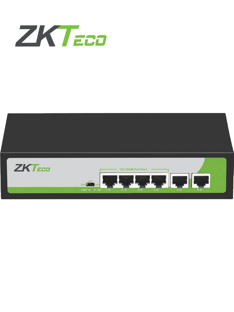 ZKTECO PE04255C -Switch de 4 Puertos Fast Ethernet PoE AF - AT / 2 Puertos RJ45 10/100 / Soporta hasta 250 mts sobre UTP CAT 6 / Protección Contra Descargas / NO Administrable