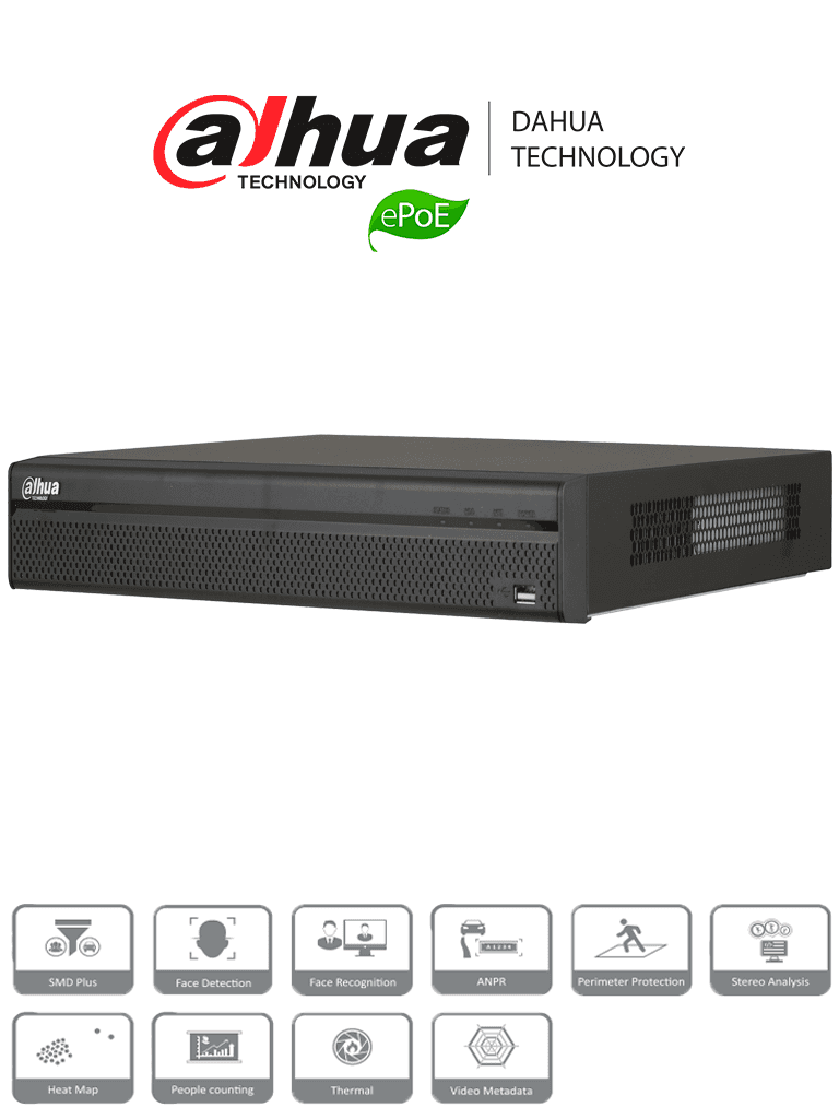 DAHUA NVR5208-8P-4KS2E - NVR 8 Canales IP 4K / H265+ / Rendimiento 320 Mbps / 8 Puertos tecnologia E PoE hasta 800M / PoE / ANPR / HDMI / PoS / 2 SATA / P2P / DEWARPING