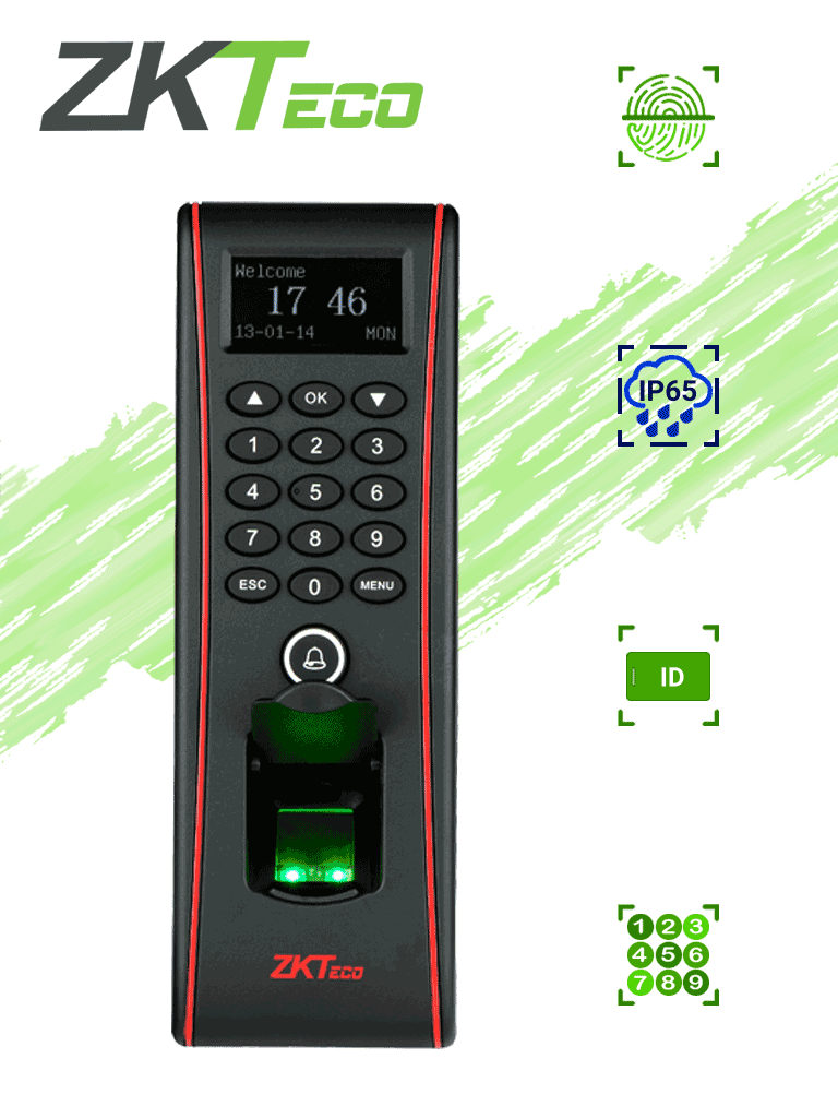 ZKTECO TF1700 - Control de Acceso Exterior de Huella, Tarjeta y Contraseña / Soporta 3000 Huellas / 10000 Tarjetas RFID 125 khz / Almacena 30000 Registros / Conexión TCPIP / USB / Compatible con Software ZK Access 3.5